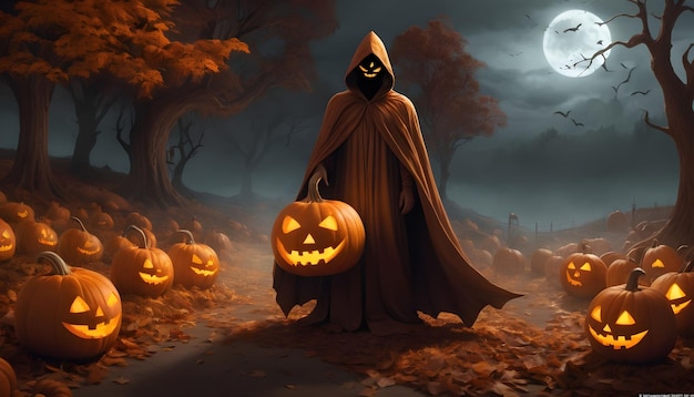 a figure cloaked in autumnal mystery its identity concealed by a carved pumpkin head