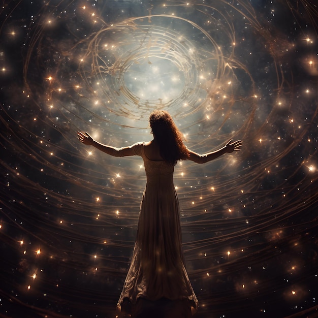 Photo a figure in a flowing dress stands with arms outstretched embraced by swirling galaxies and shimmeri