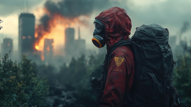 A figure in a gas mask surveys a burning cityscape at dusk