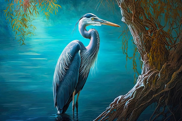 Figure of heron with long beak in blue water against backdrop of nature generative ai