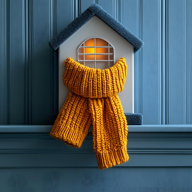 figure of house with warm scarf on electric convector heater near blue wall at home heating saving