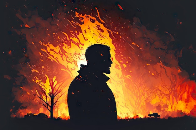 Figure of man against background of burning forest and burning house