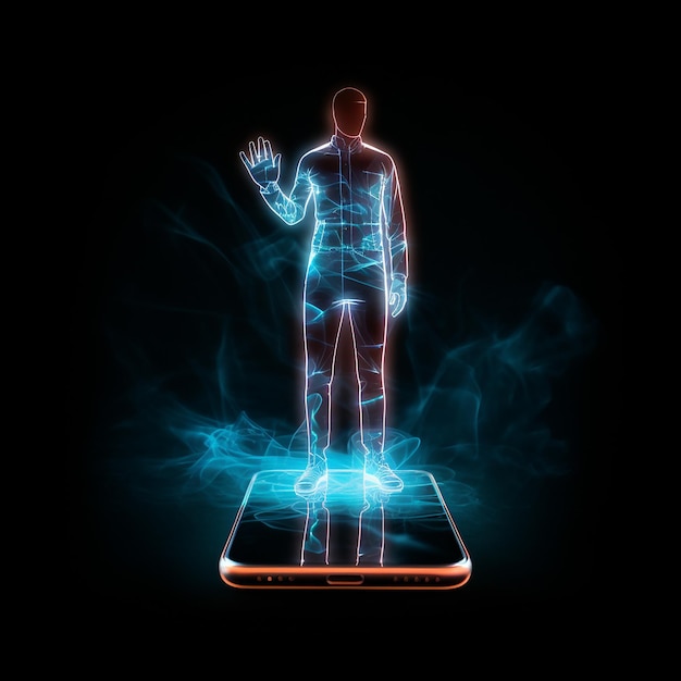 Photo a figure on a platform with a blue light in the background