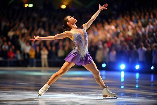 Photo figure skating a figure skater in a glittering costume performs a graceful spin on the ice arms