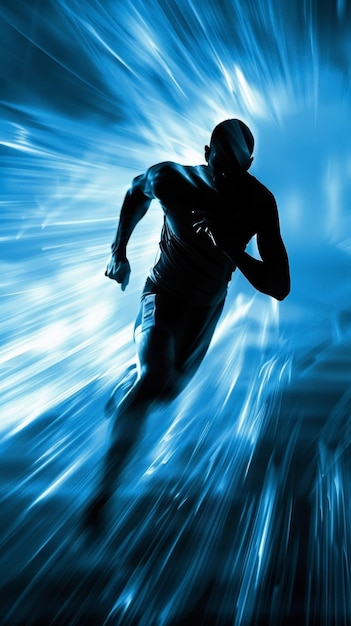 Photo a figure sprints swiftly creating a striking blur of electric blue light