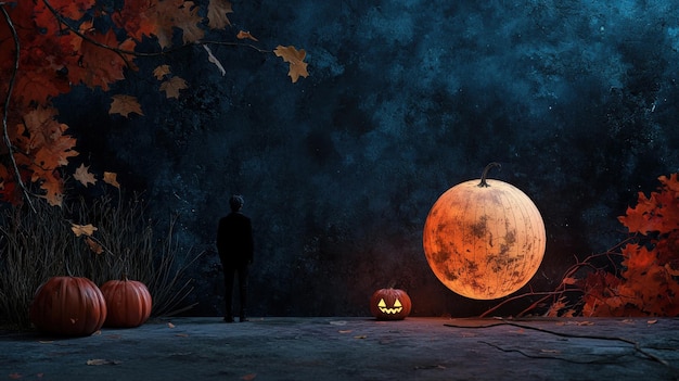 A figure standing in awe of a giant full moon amidst a dark autumn landscape