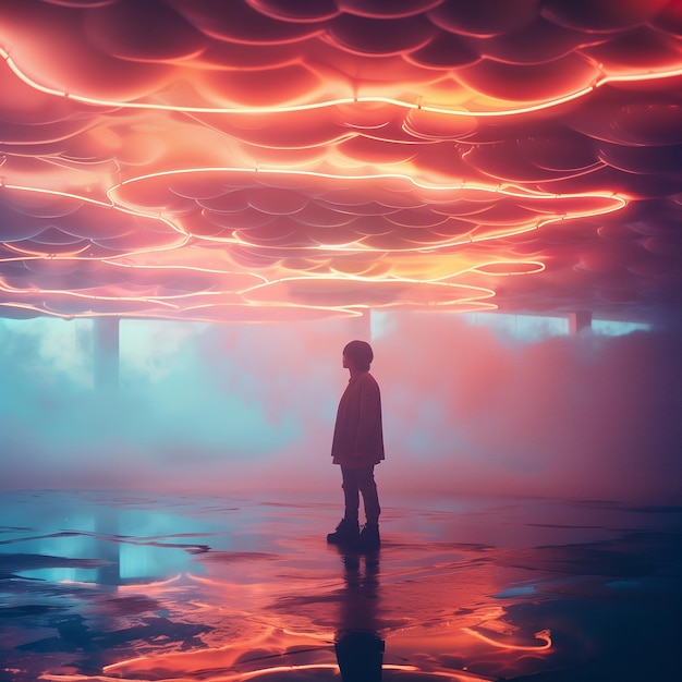 Figure standing under a futuristic cloud of light ethereal otherworldly luminous surreal atmospheric