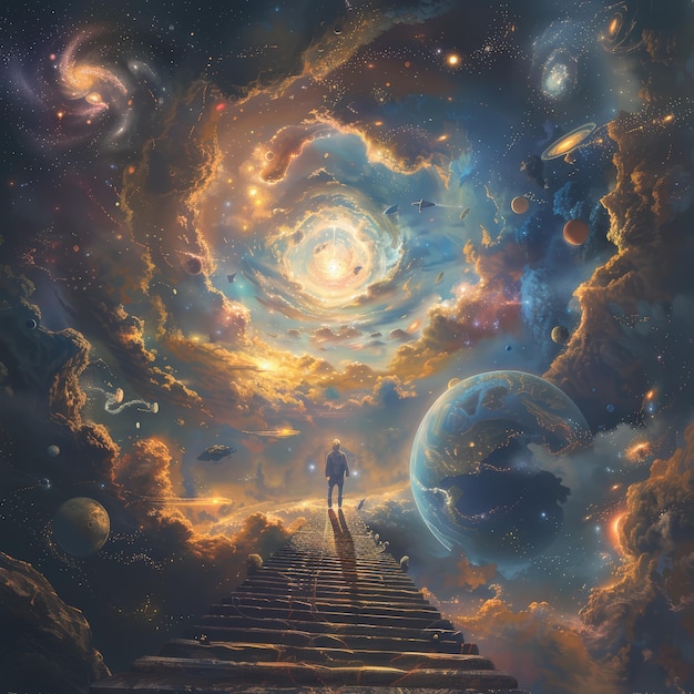 Photo a figure stands at the beginning of a cosmic stairway leading to a glowing celestial sphere