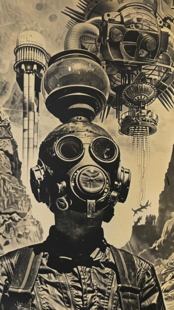 Photo a figure stands in a futuristic wasteland wearing a gas mask