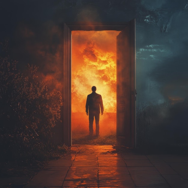 Photo a figure stands at an open door amidst fiery chaos