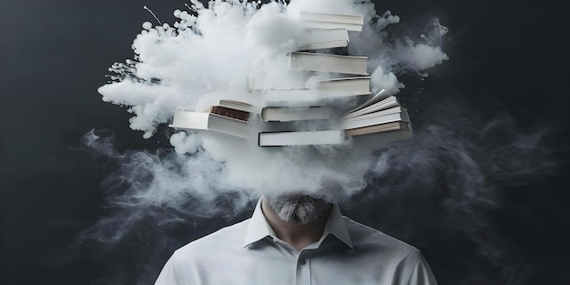 Figure surrounded by swirling chaotic smoke exhales books amplifying the sense of disorder Concept Surrealism Chaos Books Smoke Figure