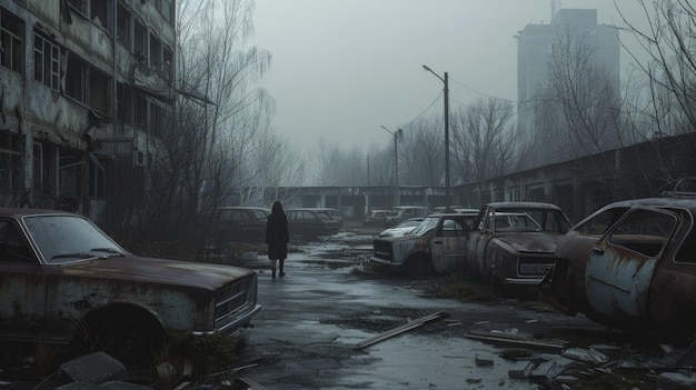 A figure walks alone through a dilapidated foggy urban area surrounded by abandoned vehicles and buildings