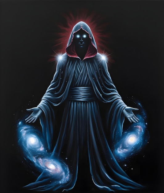 A figure with hidden features radiating an otherworldly aura wearing a blue cloak