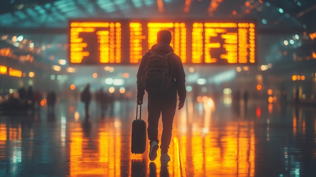 Photo a figure with a suitcase strolls through a lively airport basking in the warm colorful light from departure screens overhead