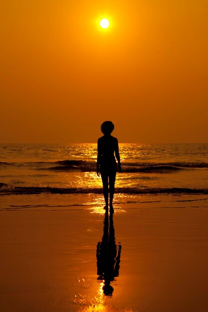 Figure of a woman on the background of the sea nd sunset