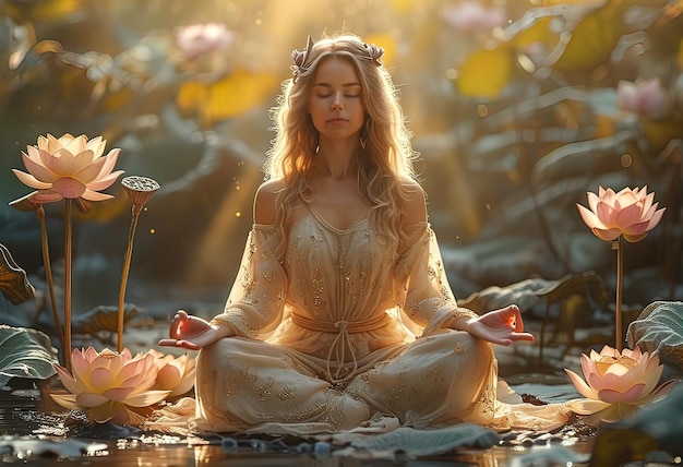 Photo the figure of a woman sitting in the lotus position in meditation against the backdrop of sunset