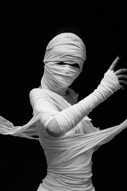 A figure wrapped in white fabric evoking themes of mystery and transformation