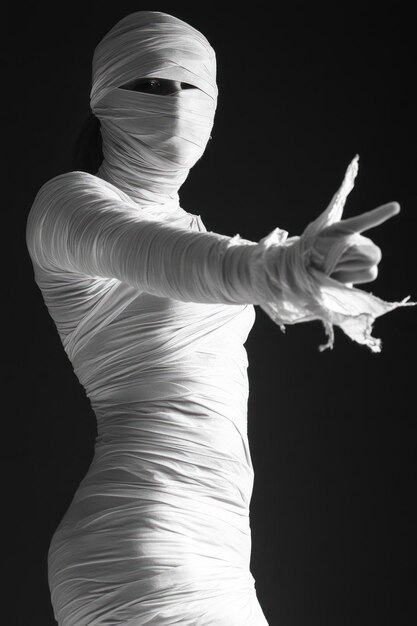 Photo a figure wrapped in white fabric poses dramatically creating a mysterious and artistic effect