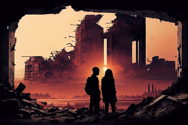 Figures of two people overlooking ruins in city after disaster