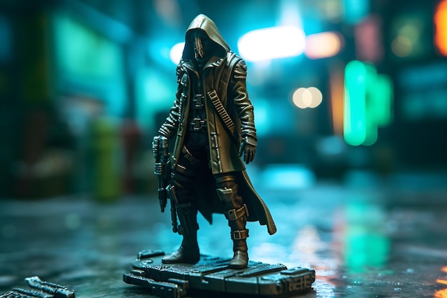 A figurine of a assassin with a gun on it.