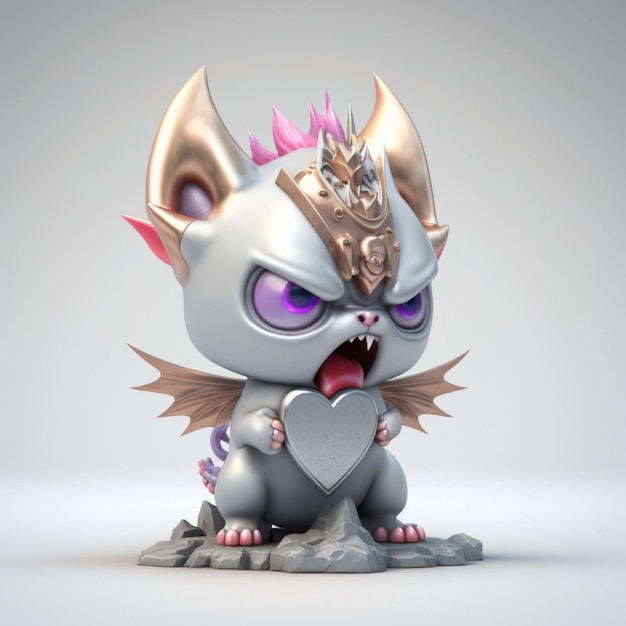 A figurine of a bat with purple eyes and a heart on its head.