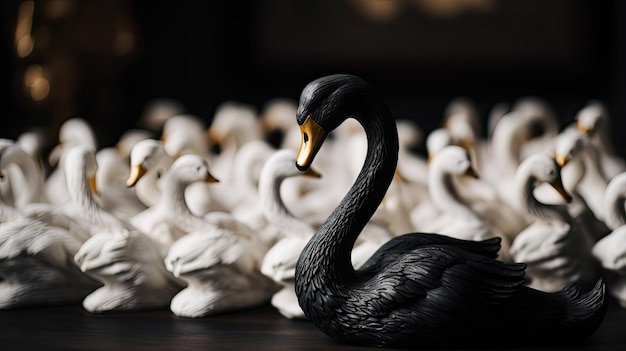 Figurine of a black swan standout from group of white swans with Generative AI Technology