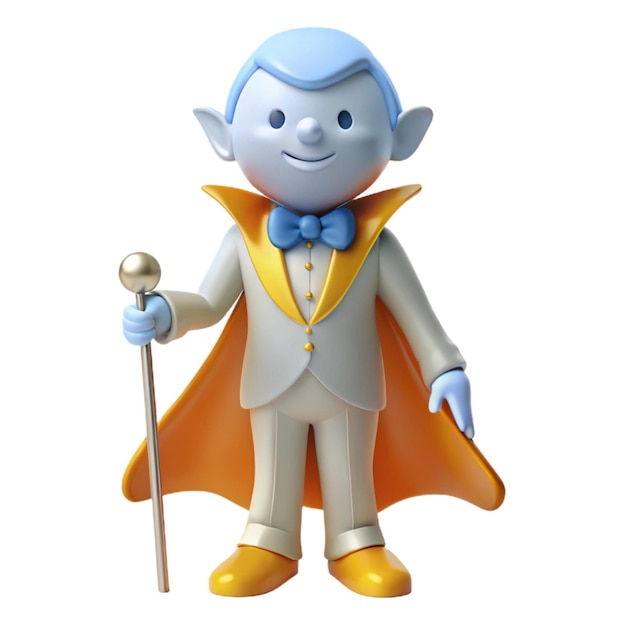 a figurine of a character with a yellow cape and a blue bow tie