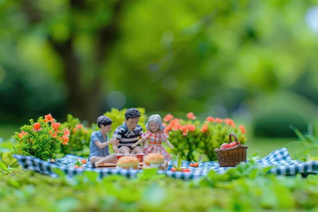 Photo a figurine of a couple sitting on a table with a basket of fruit and flowers