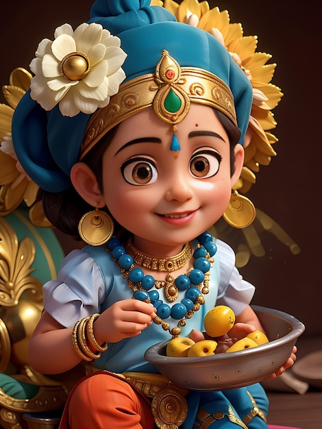 A figurine of a girl eating a bowl of food Happy Janmashtami AI GENERATED