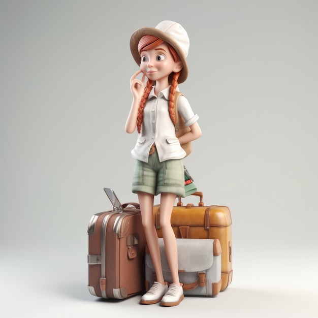 A figurine of a girl sitting on a suitcase and wearing a hat.