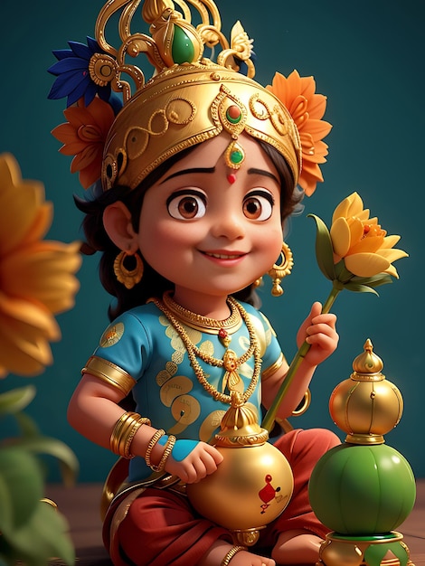 A figurine of a girl with a gold headband and a blue background Happy Janmashtami AI GENERATED