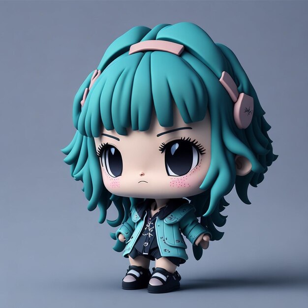 A figurine of a girl with green hair and a blue jacket