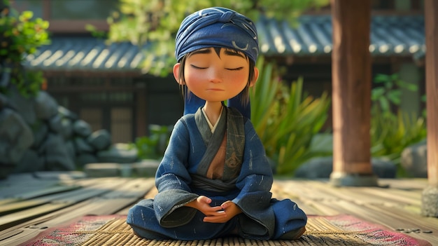 a figurine of a japanese girl sitting on a mat with a japanese style headdress