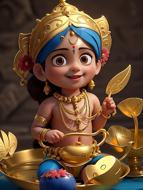 A figurine of a little girl in a golden dress with a bow and gold bow Happy Janmashtami AI GENERATE