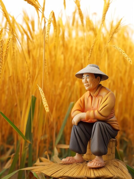 A figurine of a man sitting on a stool in front of a wheat field.