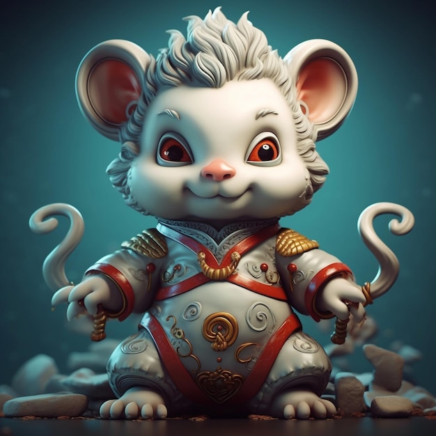 A figurine of a mouse wearing a costume and holding a sword