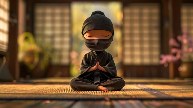 a figurine of a ninja sits on a mat in front of a window