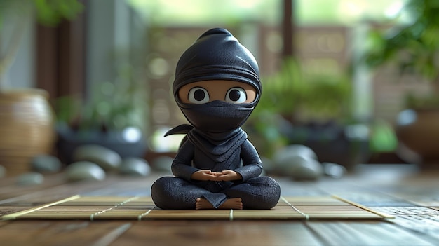 a figurine of a ninja sitting on a tiled floor with a black hood