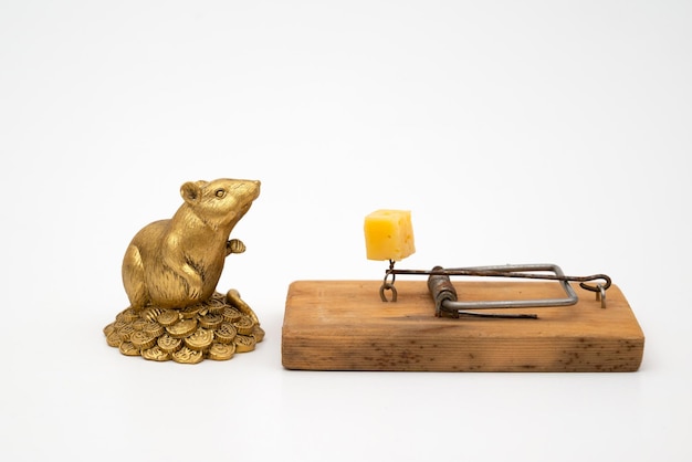 Figurine of a rat near cheese in an old mousetrap