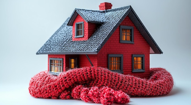 Figurine of a red house wrapped in a red scarf on a white background close up created with Generativ