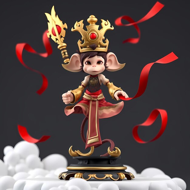 a figurine with a gold crown and red ribbon around it