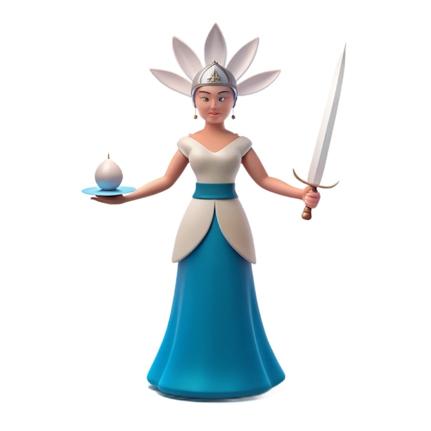 a figurine of a woman with a sword and a plate of food