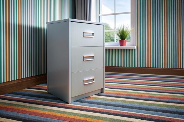 Photo file cabinet in an empty modern home office with felt carpet