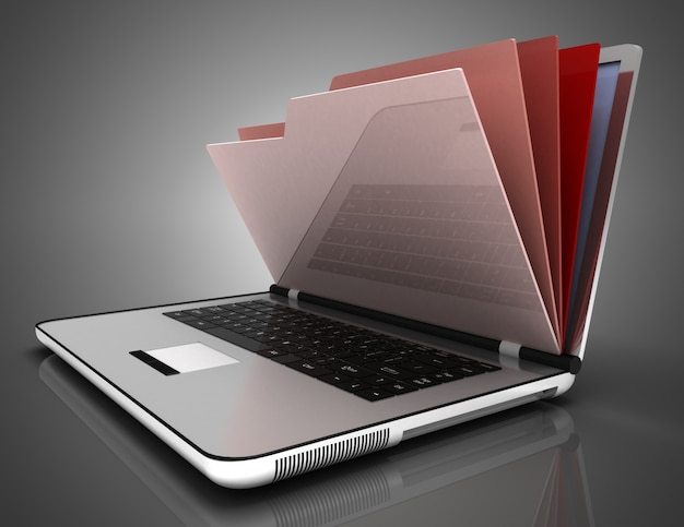 File in database - laptop and folders.3d illustration