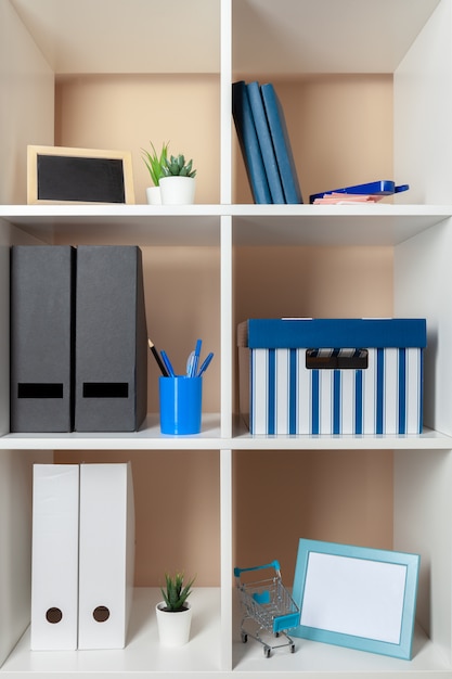 File folders, standing on the shelves at office