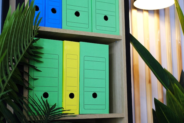 File folders for storing documents are on a wooden shelf in the office