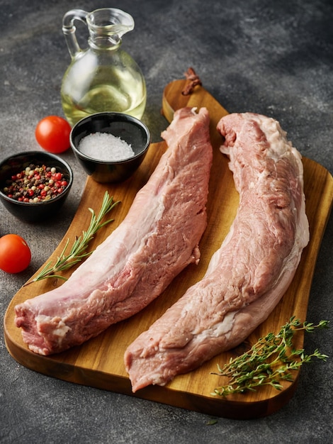 Filet Mignon of raw pork Raw pork fillet tenderloin on wooden board with spices grey background