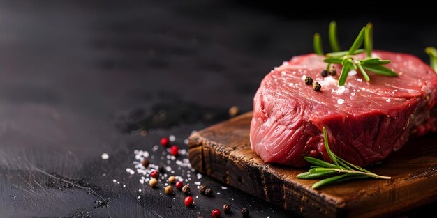 Photo filet mignon steak seasoned with pepper and salt on a wooden board concept food photography gourmet cuisine steak presentation