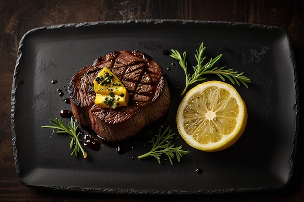 Photo filet mignon topped with a rich herb butter and charred lemon wedges