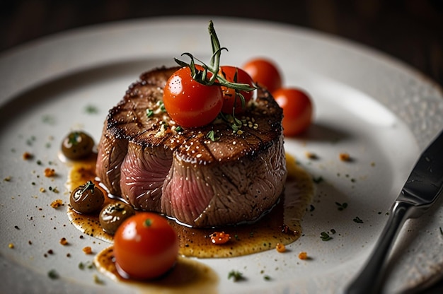 Photo filet mignon with a crispy parmesan crust and roasted cherry tomatoes